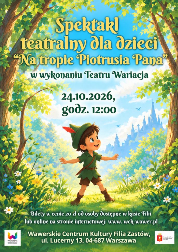 
			Na tle zielonego lasu, zamku i błękitnego nieba, mały chłopiec w czapeczce, tytuł spektaklu i data