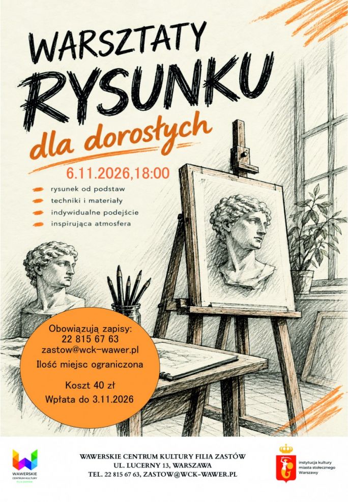 
			Pracownia plastyczna z oknem, na sztaludze portret, obok stolik z materiałami plastycznymi