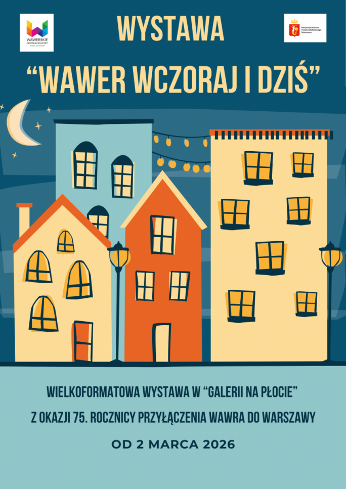 
			Plakat-kolorowe domki na niebieskim tle i tytuł wystawy- Wawer wczoraj i dziś. Wielkoformatowa wystawa z okazji 75. rocznicy przyłączenia Wawra do Warszawy, od 2 marca