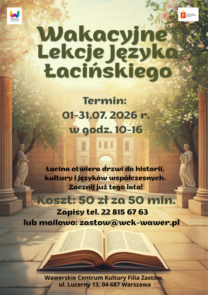 
			na beżowym tle i książce na środku informacje o wakacyjnych lekcjach języka łacińskiego