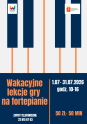 na tle klawiszy informacja o wakacyjnych lekcjach gry na fortepianie