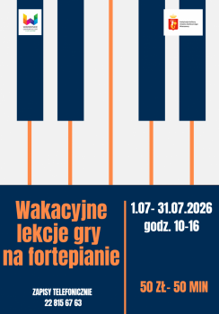 na tle klawiszy informacja o wakacyjnych lekcjach gry na fortepianie
