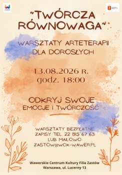 Na beżowym tle plamy kremowe i fioletowe i tytuł warsztatów 