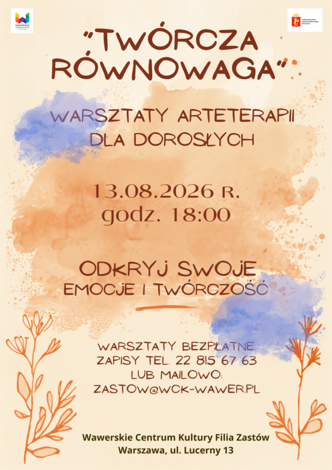 
			Na beżowym tle plamy kremowe i fioletowe i tytuł warsztatów 