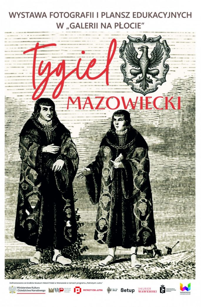 
			Dwie postacie w dawnych strojach i tytuł wystawy 