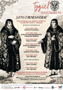 Na beżowym tle dwie postaci w renesansowych strojach, harmonogram warsztatów