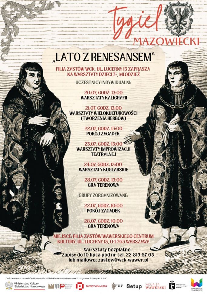 
			Na beżowym tle dwie postaci w renesansowych strojach, harmonogram warsztatów