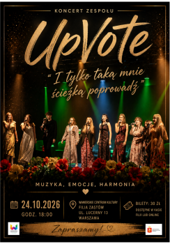 Na ciemnym brązowym tle na scenie zespół UpVote