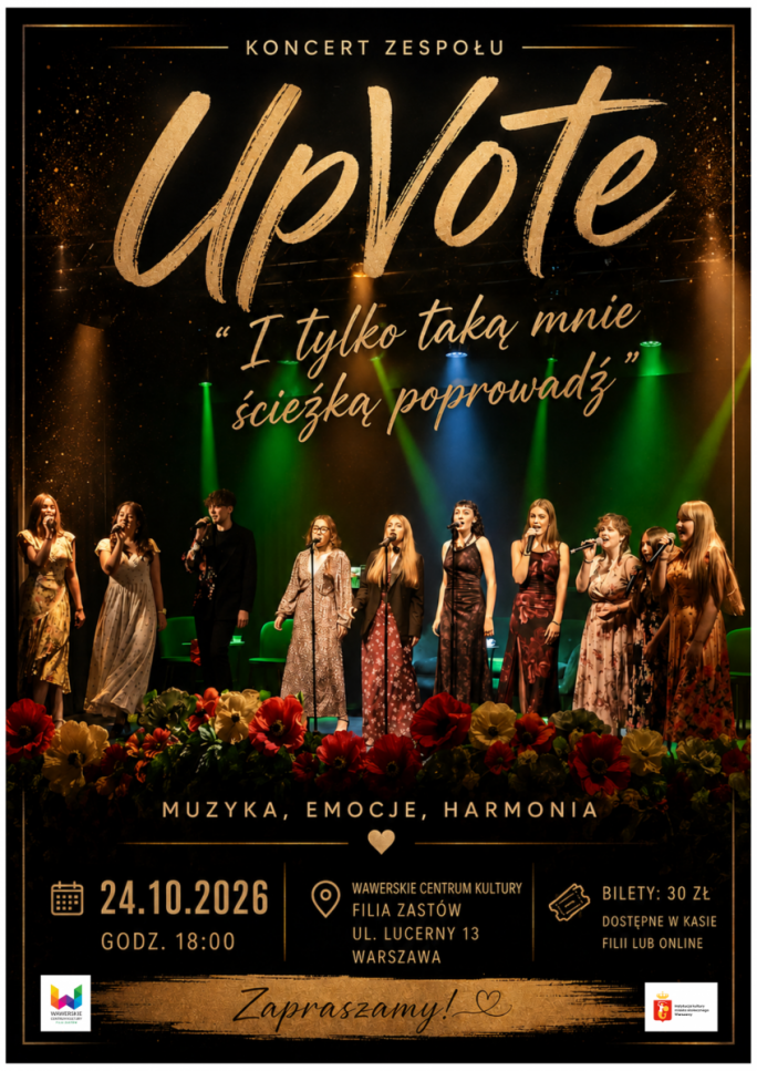
			Na ciemnym brązowym tle na scenie zespół UpVote