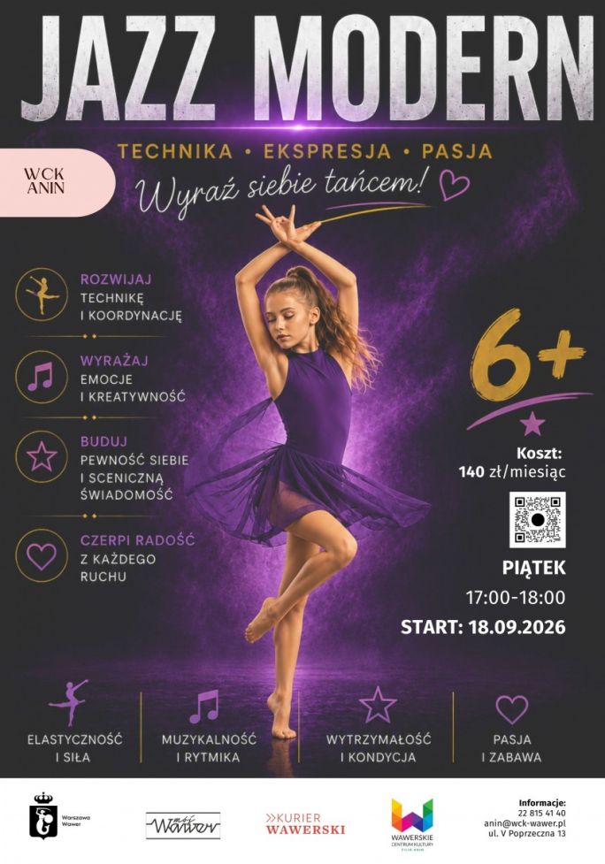 
			Plakat przedstawia dziewczynki w strojach tanecznych. Napis Jazz modern 7-10 lat, piątki godz.17.00. Start zajęć 18.09.2026