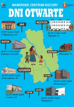 Plakat promuje Dni otwarte Wawerskiego Centrum Kultury. Mama z dziećmi decyduje gdzie pójdą wspólnej ścieżce rozwoju 