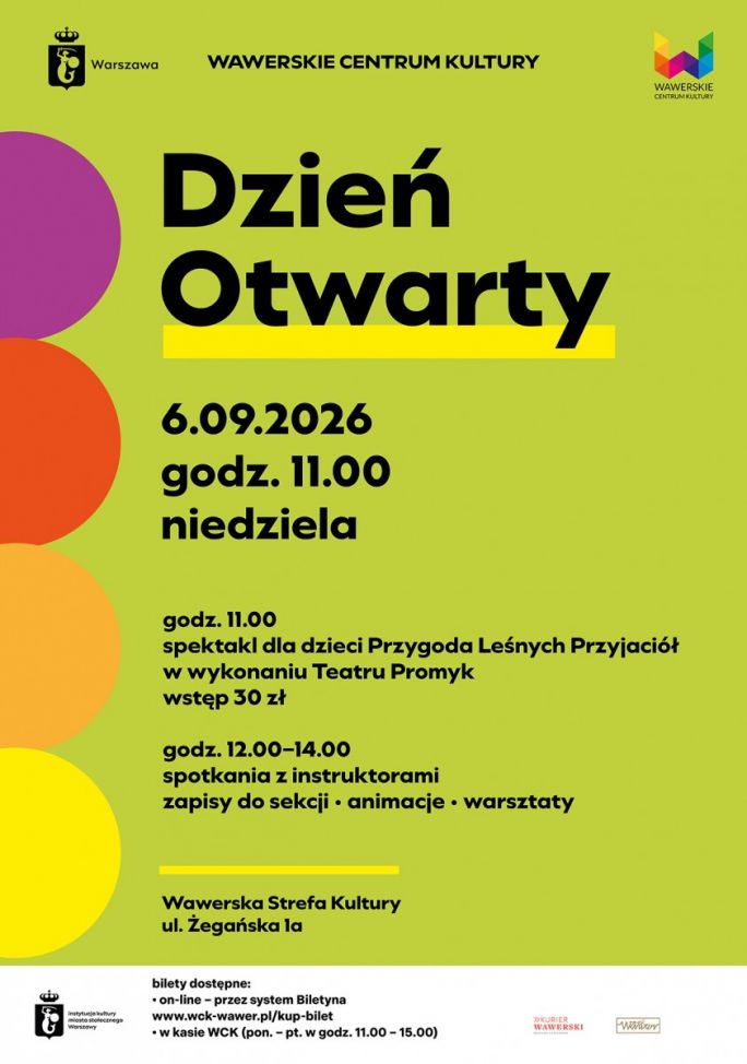 
			Plakat zapowiada spektakl dla dzieci pod tytule przygody leśnych przyjaciół, przedstawia siedzącego liska